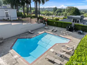 Aerial view of outdoor heated pool.