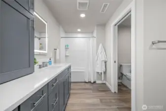 Ample storage in the downstairs bathroom.