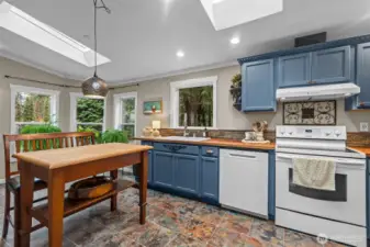 This kitchen wows! It's so tastefully updated. Big windows and skylights really warm the space and give it the homey, inviting feel (table island does not convey)