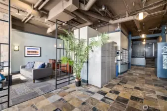 Lobby & mail area with free Wi-Fi, secure package lockers, and a cozy seating area with fireplace