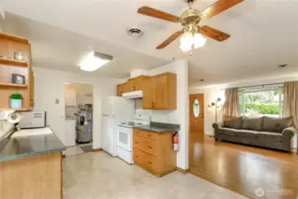 Kitchen view into living room