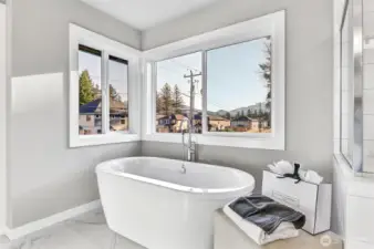 Separate soaking tub in primary bathroom. Pictures depict a previously built home similar to the home going to be built on this lot. Floor plans, Elevations, colors, upgrades & materials may be different.