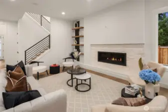 56" Linear Fireplace with Limestone Surround & Black Contemporary Mantel with bespoke Custom Floating Shelves