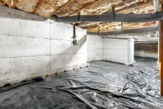 Unfinished crawl space, tall enough to stand in.