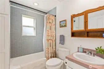 Full bathroom conveniently located on the lower level near the living room and bedroom.