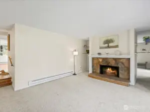 Glass shelving on each side of fireplace.