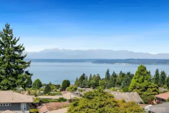view of Puget Sound and Olympic Mt. range from rooftop deck