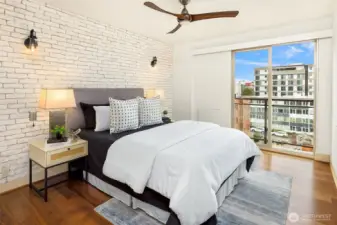 Primary En-suite with Juliet balcony, views of the Space Needle, nicely sized.