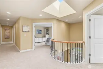 Curved banister at top of landing framed by the overhead skylight