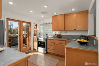 Remodeled kitchen with French Doors to the deck.