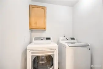 Laundry room with storage space.