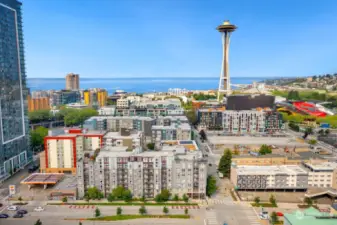 The Marselle Condominiums are located in the South Lake Union area near the hub of technology and innovation.  In the forefront of the picture is the building on the corner of 7th and John Street.  Toward the west is the Seattle Center with the iconic Space Needle, the Seattle Science Center and the Museum of Pop Culture.