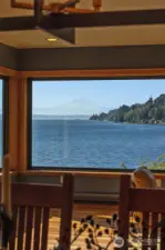 Main floor dining room with panoramic views of Mount Rainier and Puget Sound.