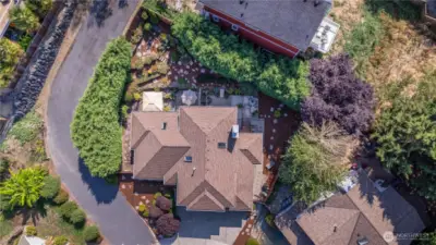 Over view shot highlighting the established landscaping.
