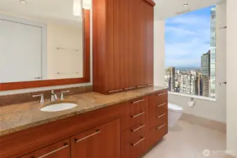 Guest bathroom with a shower and Elliott Bay view.