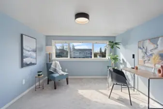 Second floor bedroom staged as office. Mountain views out this window!