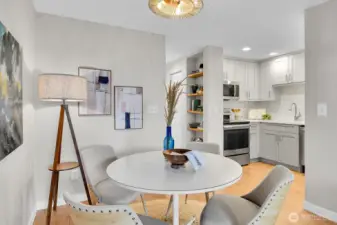 That wooden shelf alcove adds so much character.