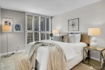 Morning light filters from the patio through those wood shutter doors.