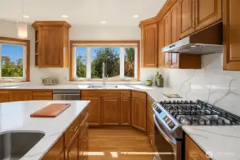 Newly updated kitchen with double sink and gas range.