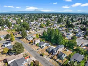 Bird’s-eye view of the home nestled in a quiet neighborhood, just minutes from downtown Tacoma.
