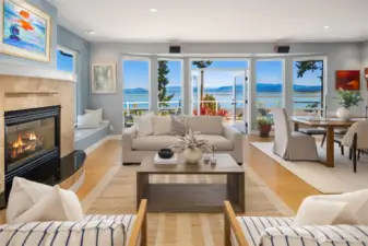 Serene living/dining room with gas fireplace