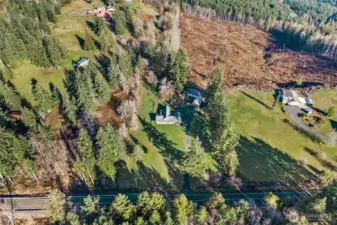 Overhead look at the property’s setting within the surrounding countryside.