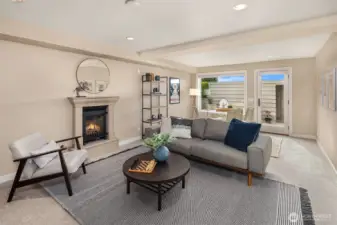 Daylight lower level with gas fireplace and new carpet.