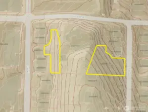 Overhead view with approximate boundaries in yellow and contours from GIS.