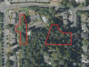 Overhead view with approximate boundaries in red and approximate contours.