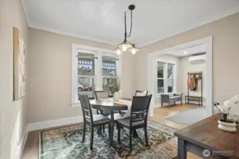 Dining room. Wood ceilings are through most of home.