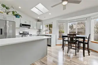 Shows large island peninsula in Kitchen