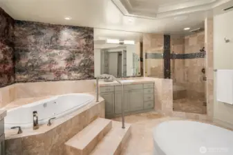 Spa like primary bathroom suite.