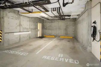 Home opens right out to your two parking spaces with a 220v charging station was added to one of the two parking spaces. Your two storage units all have lighting that the seller added as well.