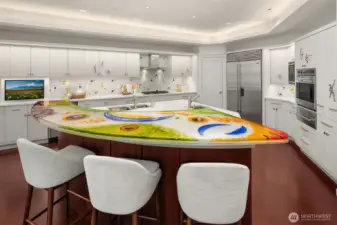 This is such a happy gourmet kitchen with a bit of color and whimsy!!