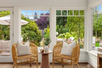 A close up looking out to the garden and patio from the living room.