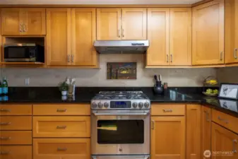 Newly remodeled kitchen has newer stainless appliances, granited countertops, and wood cabinets.