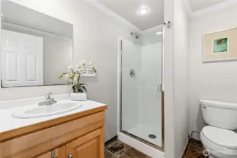 Lower-level bathroom is conveniently located near the recreation room.