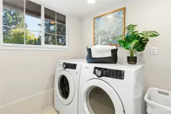 Large laundry room with extra storage and plumbing to add a utility sink. Washer and dryer stay with the home.