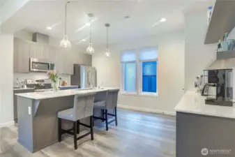 Well thought out Kitchen with quality cabinets, slab counters, bar seating, and a walk-in-pantry.