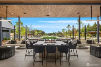 Large covered patio area with fire table