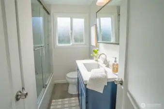 Completely updated bathroom with with large linen closet.