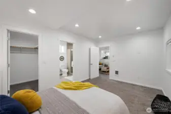 There is a large walk-in closet adjacent to the primary bathroom.