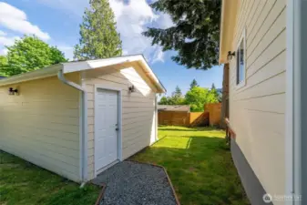 This storage shed/shop is just off the back yard and has power.