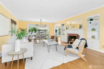 Light & Bright Living Room & Dining Room on Main with Built-ins and Fireplace