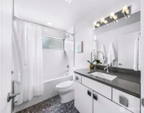 Entry/lower full bath with quartz vanity.