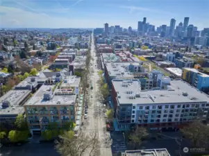 Drone southward view of Brix Bldg and Broadway East.