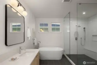 Retreat to the spa-like bath with luxe soaking tub.
