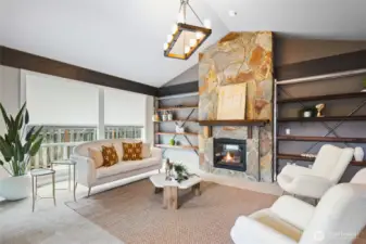 Incredible stonework, fireplace and built ins in the bright and vaulted living room