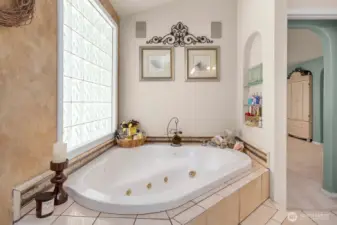 Relax and soak in the jetted tub off the primary bedroom.
