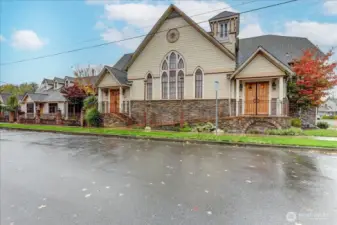 Front showing the Event center entrance and the residential portion on the left.
